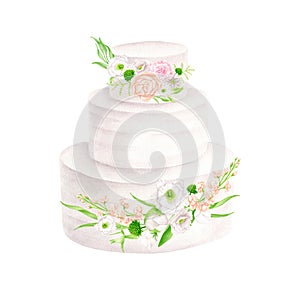 Watercolor wedding cake with flowers illustration. Hand drawn 3 tiered white cream dessert isolated on white. Clipart