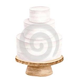 Watercolor wedding cake on wood stand illustration. Hand drawn 3 tiered white cream cake. Rustic dessert isolated