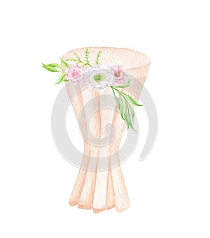 Watercolor wedding cocktail table decorated with flower arrangement isolated on white. Hand drawn draped table, pastel