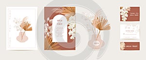 Watercolor wedding dried lunaria, orchid, pampas grass floral invitation. Vector exotic dry flowers, palm leaves photo
