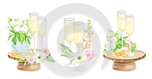 Watercolor wedding drinks set. Hand drawn champagne glasses, gold wedding rings and flowers isolated on white background