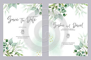 Watercolor wedding invitation cards. Greenery poster, invite. Elegant wedding invitation with watercolor green and gold photo