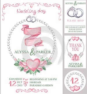 Watercolor wedding invitation set.Pink roses