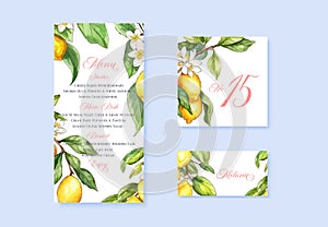 Watercolor wedding menu, table and escort cards with sunny lemons illustration.