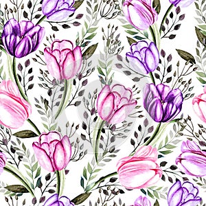 Watercolor wedding pattern with tulip and herbs  flowers.