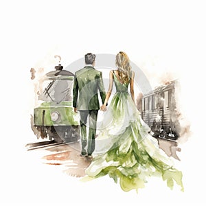 Watercolor Wedding Portrait: Green And Beige Elegance With Eastern-western Fusion