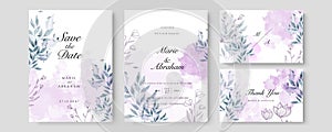 Watercolor wedding set. Set of card with leaves and golden geometric frame. Design with forest green leaves, eucalyptus, fern.
