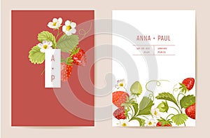 Watercolor wedding strawberry floral invitation. Exotic berries, flowers, leaves card. Botanical Save the Date