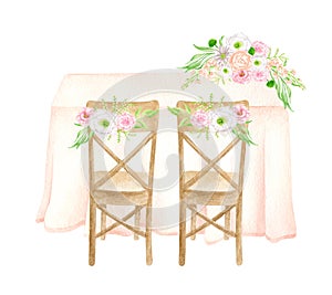 Watercolor wedding table back view illustration. Hand painted draped sweetheart table with cloth, wooden chairs, floral