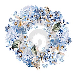 Watercolor wedding wreath with blue flowers and leaves