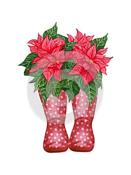 Watercolor wellies with flowers illustration in provence style. Rubber boots. Bouquet of flowers.