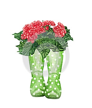 Watercolor wellies with flowers illustration in provence style. Rubber boots. Bouquet of flowers.