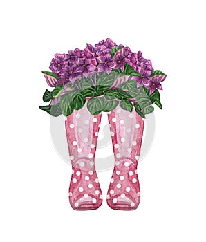 Watercolor wellies with flowers illustration in provence style. Rubber boots. Bouquet of flowers.