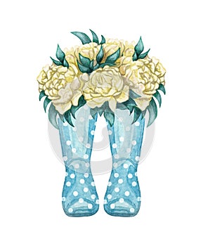 Watercolor wellies with flowers illustration in provence style. Rubber boots. Bouquet of flowers.