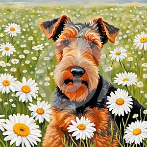 Watercolor Welsh Terrier In Daisy Field