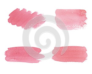 Watercolor Wet pink, coral  set brush strokes isolated on white background.