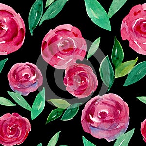 Watercolor wet roses on black seamless pattern.