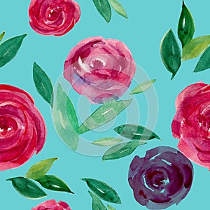 Watercolor wet roses on blue seamless pattern.