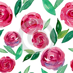 Watercolor wet roses on white seamless pattern.