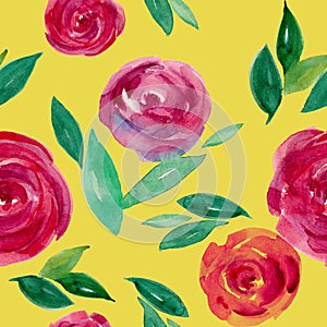 Watercolor wet roses on yellow seamless pattern.