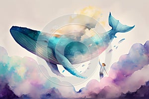 Watercolor whale in the clouds. Generative ai