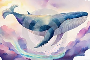 Watercolor whale in the clouds. Generative ai design