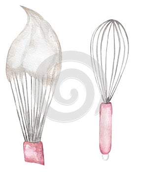 Watercolor whisk with cream illustration, kitchen utensils clipart set, baking lodo design photo