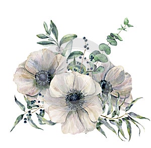 Watercolor white anemone bouquet. Hand painted flower, eucalyptus leaves and juniper isolated on white background photo