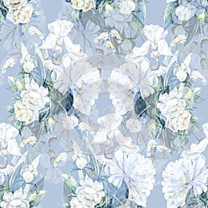 Watercolor white big peony with different garden flowers. Floral seamless pattern.