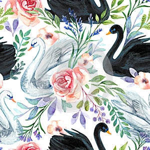 Watercolor white and black swan lake seamless pattern. Beautiful birds with flowers, leaves, berries on white background