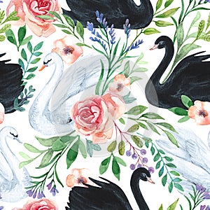 Watercolor white and black swan lake seamless pattern. Beautiful birds with flowers, leaves, berries on white background