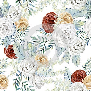 Watercolor white and blue boho floral seamless pattern with flower bouquet. Burgundy and white Rose