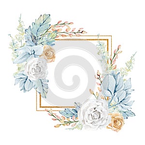 Watercolor white and blue floral frame with golden rose  pampas grass  wild flower. Botanical golden glitter texture