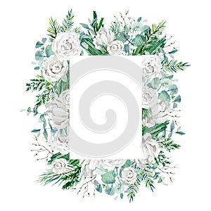 Watercolor white and blue floral frame with rose, eucalyptus branch, fir banch, twigs spruse, wild flower.