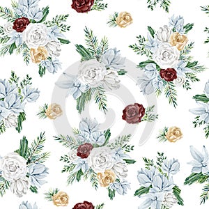 Watercolor white and blue floral seamless pattern with flower bouquet. Burgundy Rose, fir branch