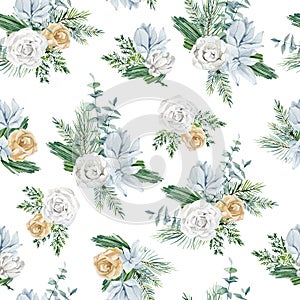 Watercolor white and blue floral seamless pattern with flower bouquet. White Rose, fir branch, eucalyptus branch.