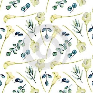 Watercolor white callas flowers and eucalyptus branches seamless pattern