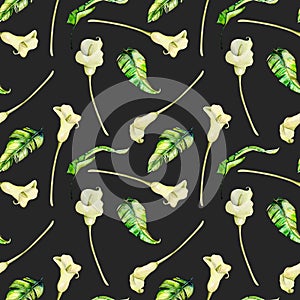 Watercolor white callas flowers and green tropical leaves seamless pattern