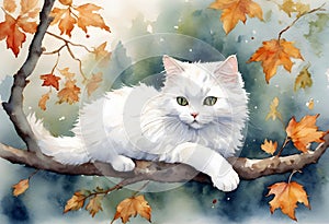 Watercolor White Cat On Autumn Branch