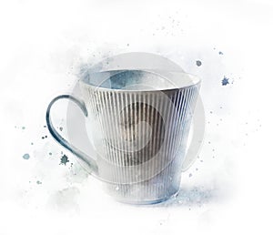 Watercolor white cup. Coffee or tea ceramic cup with light boho texture. Realistic painting with kitchen item isolated