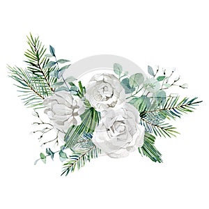 Watercolor white floral bouquet. Soft rose, peonies, eucalyptus branch, frozen wild flower, foliage