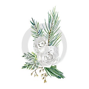 Watercolor white flower bouquet. Rose, fir branch, wild floral. Greenery bouquet illustration for bridal show