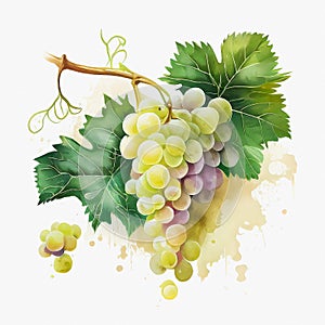 Watercolor white grapes on white background. Generative ai