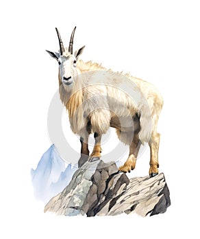 Watercolor white mountain goat isolated on white background.
