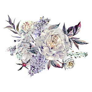 Watercolor White Peonies and Lilac Bouquet