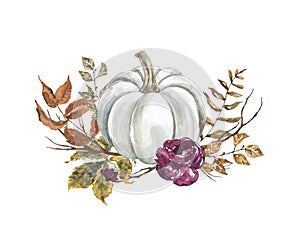 Watercolor white pumpkin and fall leaves illustration. Floral autumn arrangement, isolated photo