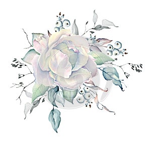 Watercolor White Roses Bouquet with white berries