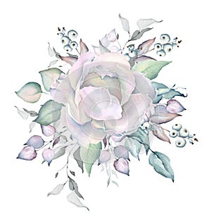 Watercolor White Roses Snowy Bouquet