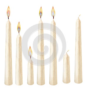 Watercolor white vertical short and long candles with flames of different types and without flames for Christmas