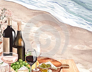 Watercolor white wine bottle, fresh ripe grapes, cheese on the wood table landscape sea. Hand draw background with food